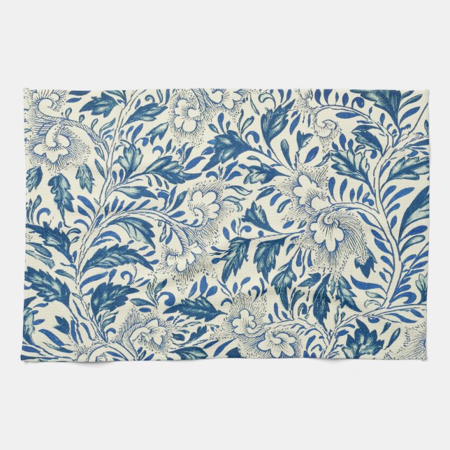 Blue Floral Pattern Antique Asian Design Tea Towel (Horizontal)