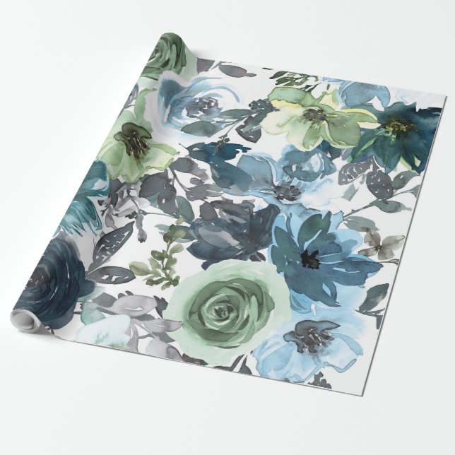 Blue Floral Pattern, Artistic Watercolor Wrapping Paper (Unrolled)