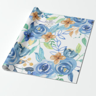 Blue Floral Pattern, Artistic Watercolor Wrapping Paper
