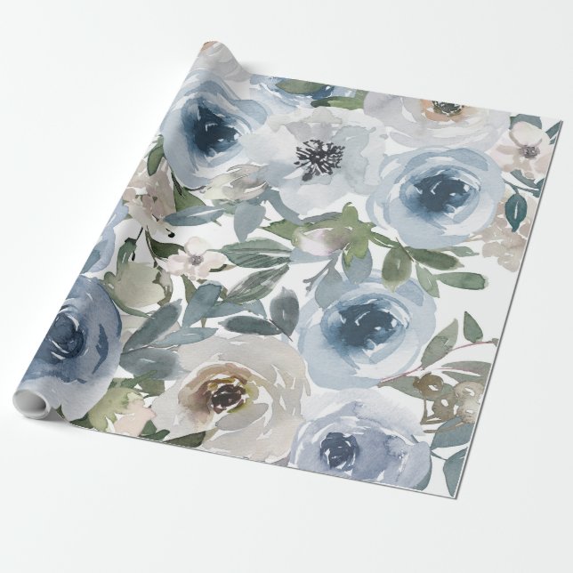 Blue Floral Pattern, Artistic Watercolor Wrapping Paper (Unrolled)