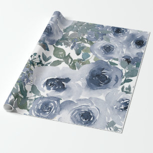Blue Floral Pattern, Artistic Watercolor  Wrapping Paper