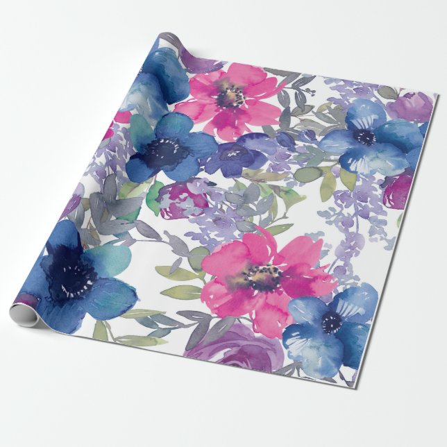 Blue floral pattern, artistic watercolor wrapping paper (Unrolled)