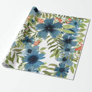 Blue Floral Pattern, Artistic Watercolor Wrapping Paper