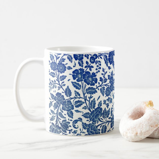 Blue Floral Pattern Coffee Mug (With Donut)