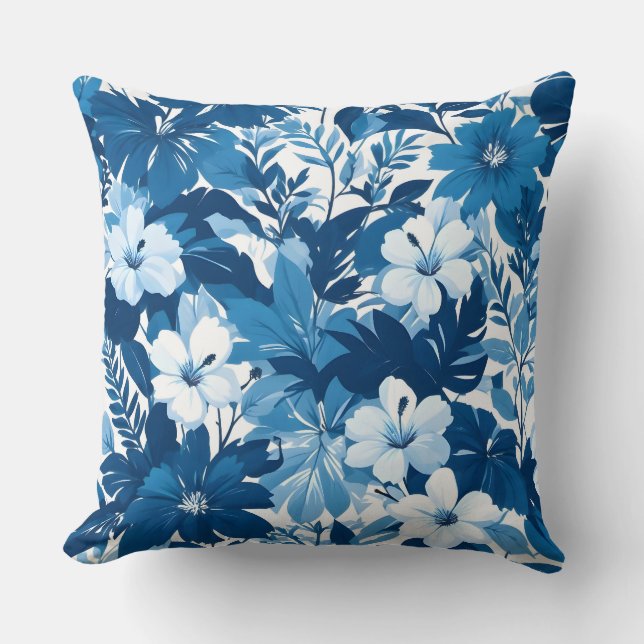 Blue Floral Pattern Decorative Throw Pillow (Front)