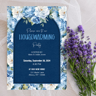 Blue Floral Pattern Elegant Housewarming Party  Invitation