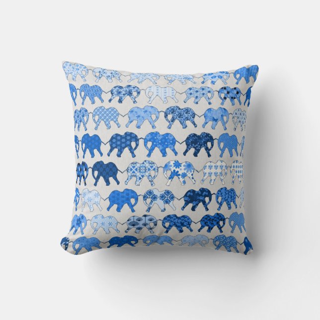 Blue Floral Pattern Elephants Cushion (Front)
