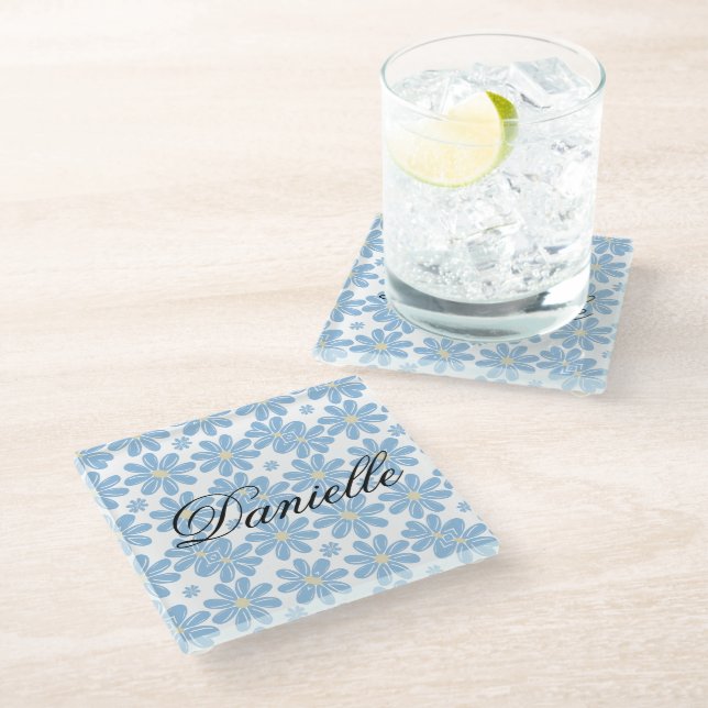 Blue Floral Pattern - Glass Coaster (Angled)