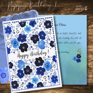 Blue Floral Pattern Happy Birthday Card