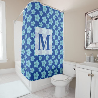 Blue Floral Pattern Monogram Shower Curtain