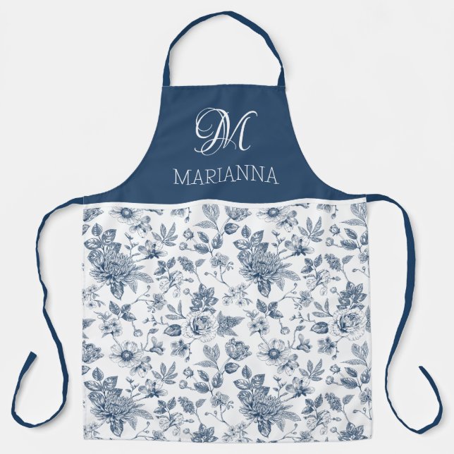 Blue Floral Pattern & Name Personalised  Apron (Front)