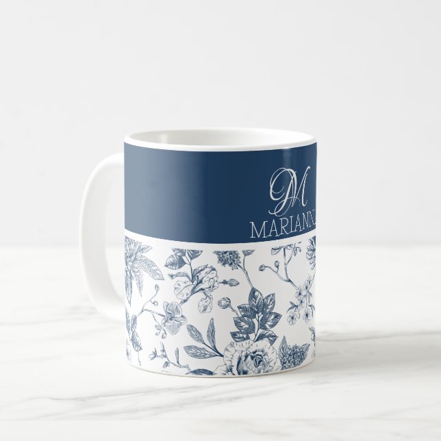 Blue Floral Pattern & Name Personalised  Coffee Mug (Front Left)