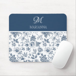 Blue Floral Pattern & Name Personalised Mouse Pad