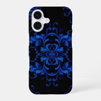 Blue Floral Pattern on Black Background iPhone 16 Case