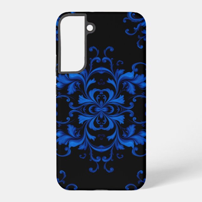 Blue Floral Pattern on Black Background Samsung Galaxy S22+ Case (Back)