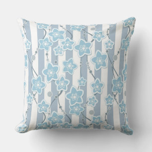 blue floral pattern on blue striped background cushion