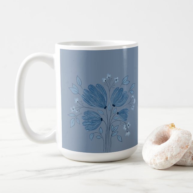  Blue Floral Pattern on Faded Blue Denim  Coffee Mug (With Donut)