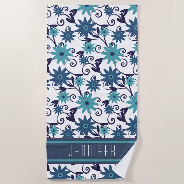 Blue Floral Pattern Personalised  Beach Towel (Front)