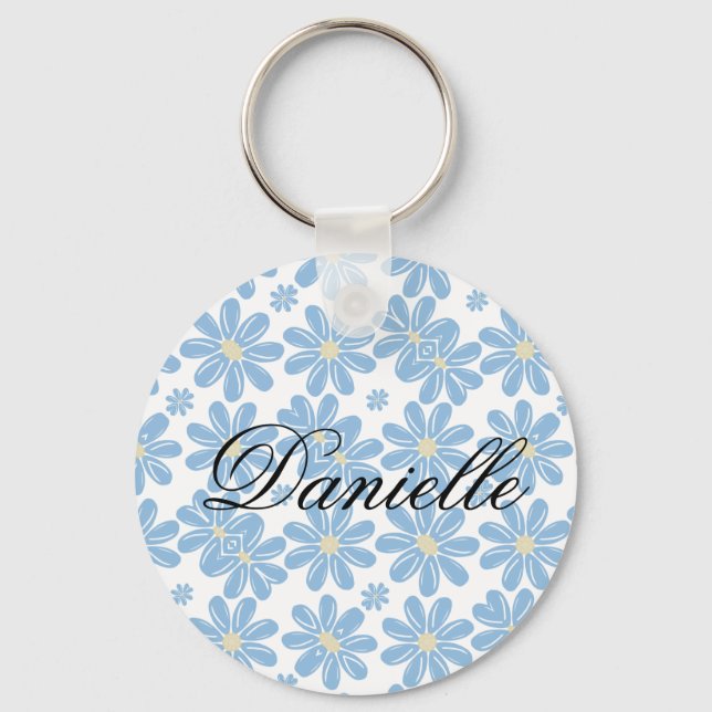 Blue Floral Pattern - Personalised Keychain (Front)
