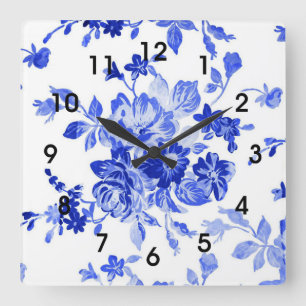 Blue Floral Pattern Square Wall Clock