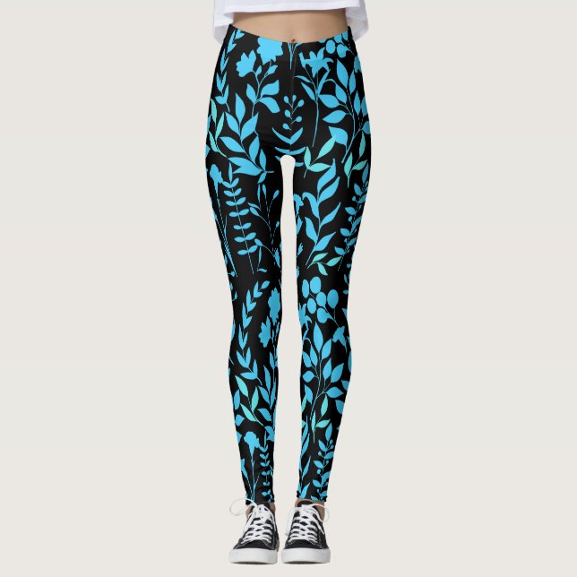 Blue Floral pattern.ST01 Black BG Leggings (Front)