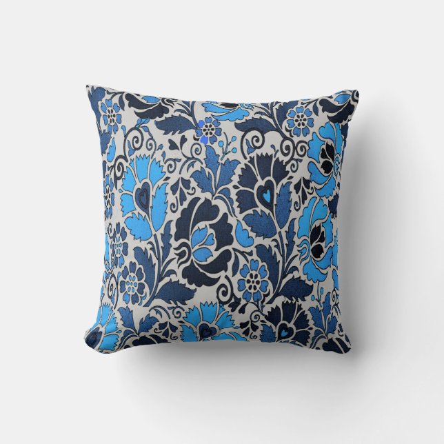 Blue Floral Pattern Throw Pillow (Front)