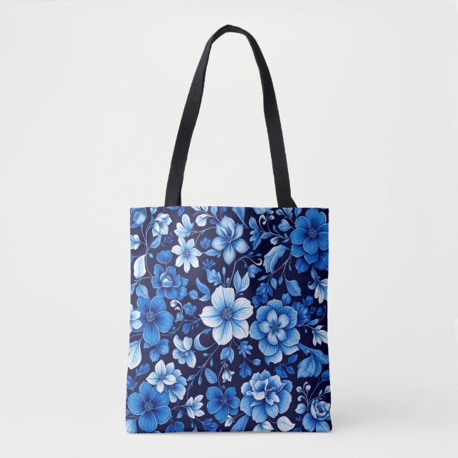 blue floral pattern tote bag (Front)