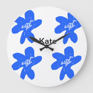Blue floral pattern watercolor add name text large clock