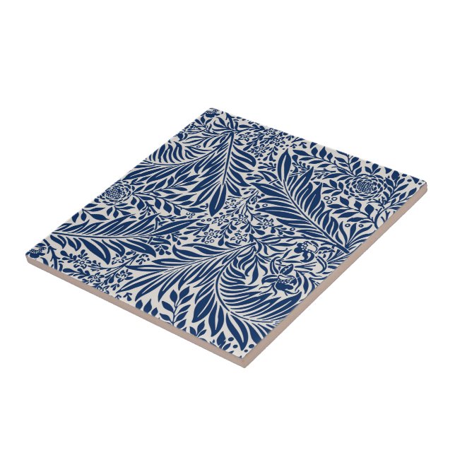 blue floral pattern with diverse leaves & blossoms ceramic tile (Side)