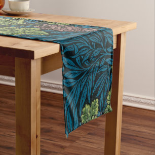blue floral pattern with diverse leaves & blossoms short table runner