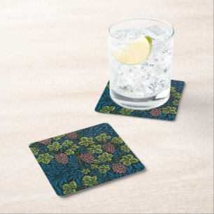 blue floral pattern with diverse leaves & blossoms square paper coaster