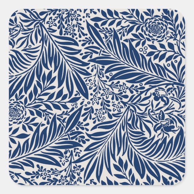 blue floral pattern with diverse leaves & blossoms square sticker (Front)