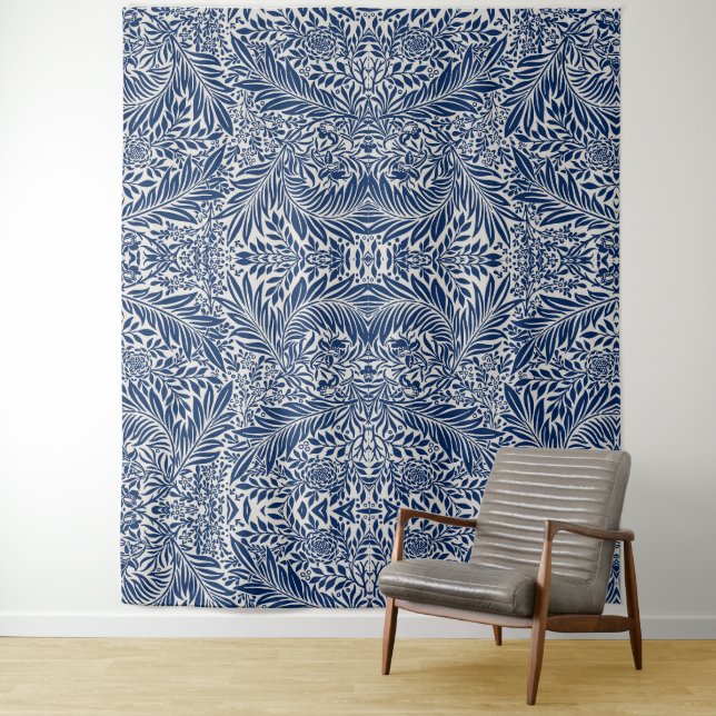 blue floral pattern with diverse leaves & blossoms tapestry (In Situ)
