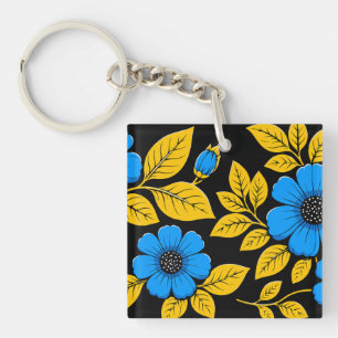 Blue Floral Pattern with Golden Leaves Key Ring