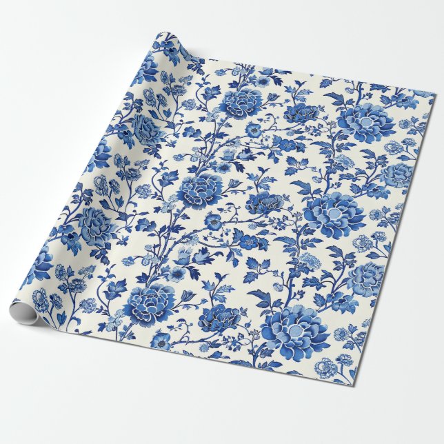 Blue floral pattern wrapping paper (Unrolled)