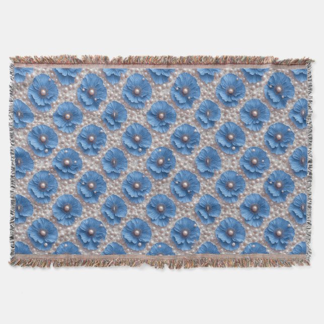 Blue Floral Pearl Pattern Throw Blanket (Front)