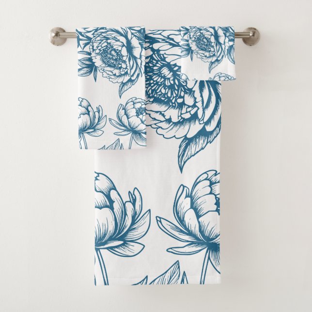 Blue Floral Peony Bath Towel Set (Insitu)