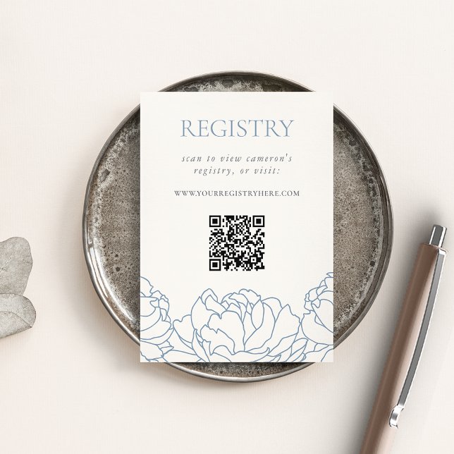 Blue Floral Peony Bridal Shower Registry QR Enclosure Card (Creator Uploaded)