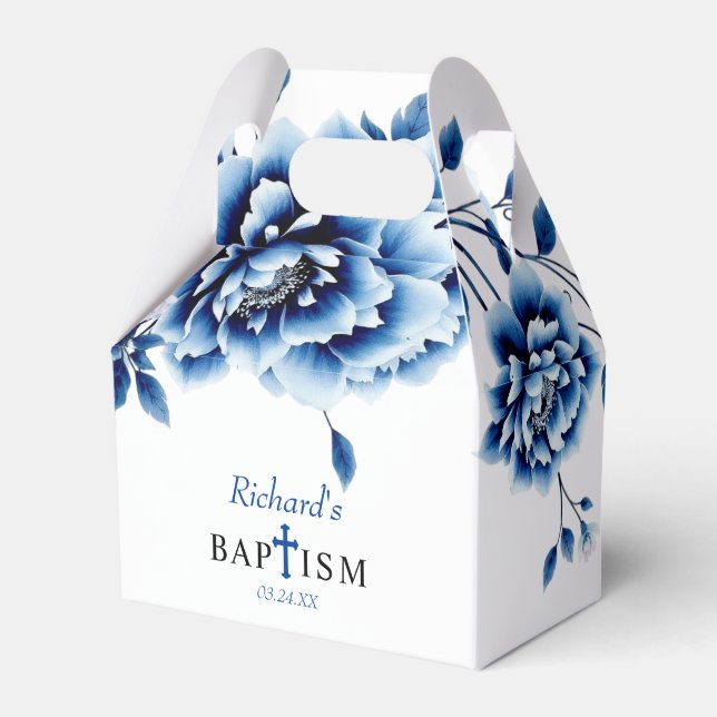 Blue floral peony flowers boy baptism Thank You  Favour Box (Front Side)