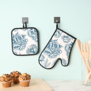 Blue Floral Peony Oven Mitt & Pot Holder Set