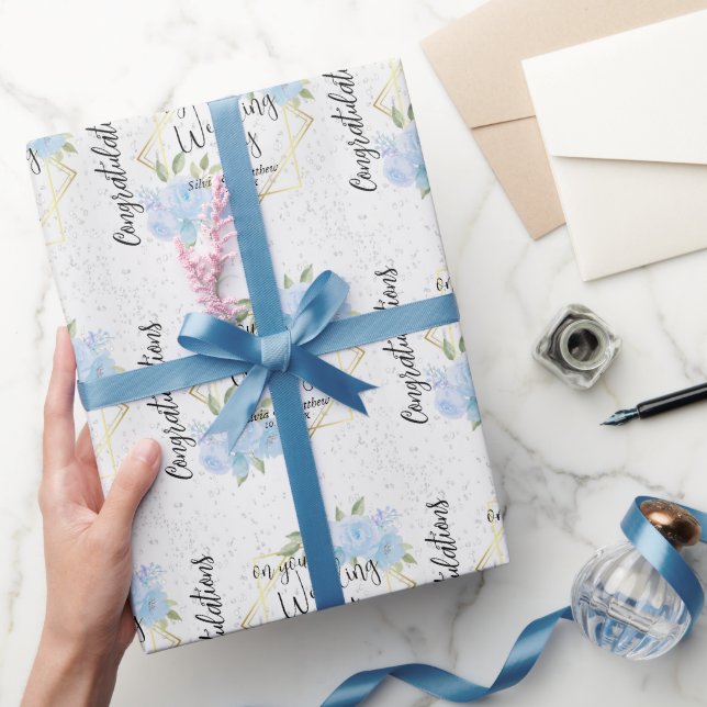Blue Floral - Personalise Wedding Wrapping Paper (Gifting)