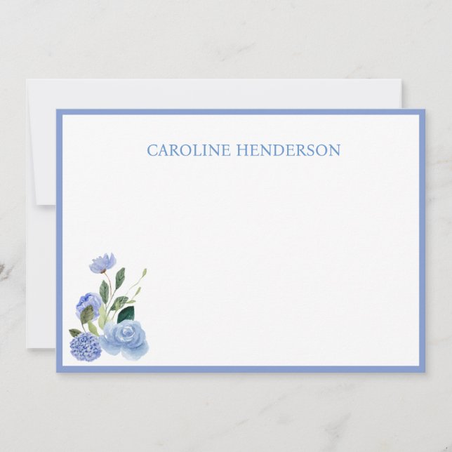 Blue Floral Personalised Name Flat Note Card (Front)