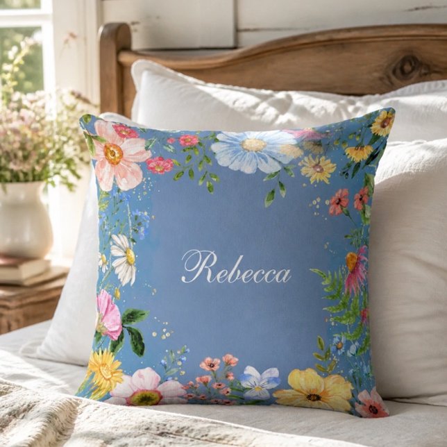 Blue Floral Personalised Throw Pillow (Creator Uploaded)