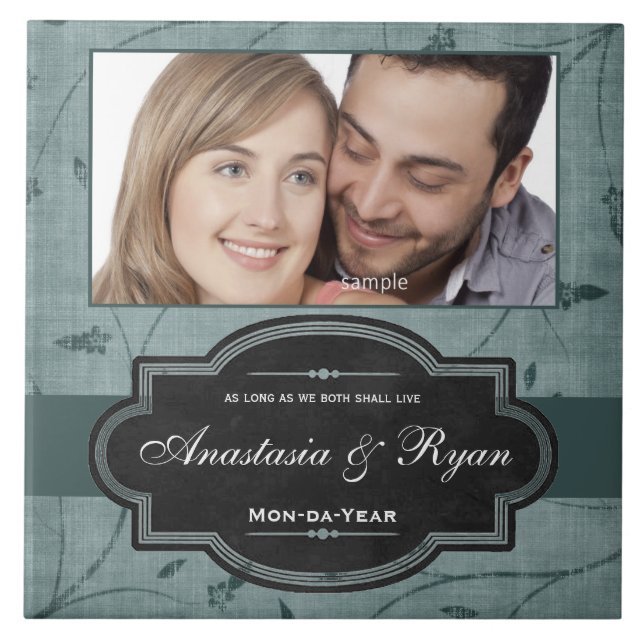 Blue Floral Personalised Wedding Photo Keepsake Tile (Front)