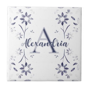 Blue Floral Personalized Monogram Name Ceramic Tile