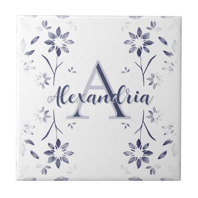Blue Floral Personalized Monogram Name Ceramic Tile (Front)