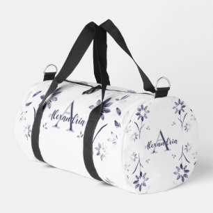 Blue Floral Personalized Monogram Name Duffle Bag