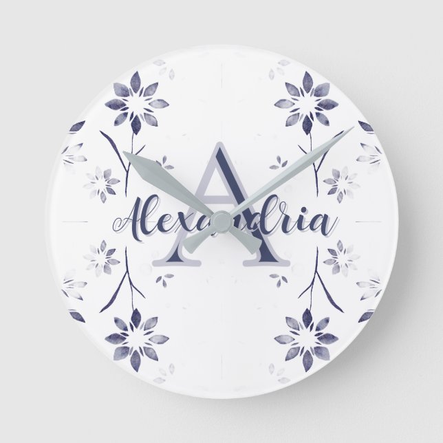 Blue Floral Personalized Monogram Name Round Clock (Front)
