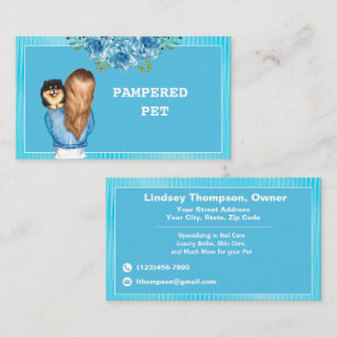 Blue Floral Pet Groomer Holding Puppy Business Card