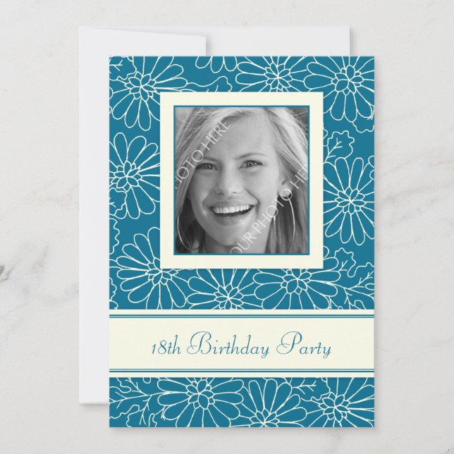 Blue Floral Photo 18th Birthday Party Invitations (Front)